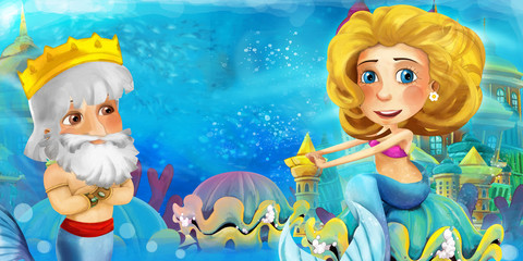 Cartoon ocean and the mermaid in underwater kingdom swimming and having fun - illustration for children