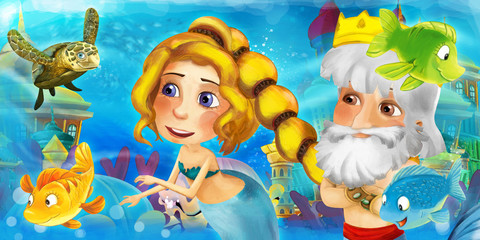 Fototapeta premium Cartoon ocean and the mermaid in underwater kingdom swimming with fishes and having fun - illustration for children