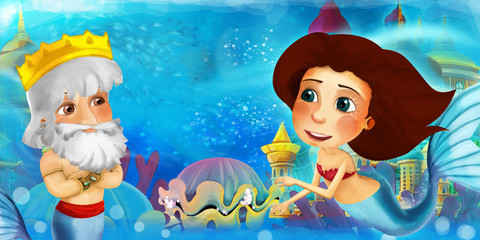 Fototapeta premium Cartoon ocean and the mermaid in underwater kingdom swimming and having fun - illustration for children