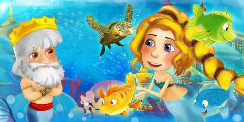 Fototapeta premium Cartoon ocean and the mermaid in underwater kingdom swimming with fishes and having fun - illustration for children