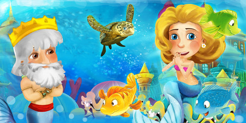 Naklejka na ściany i meble Cartoon ocean and the mermaid in underwater kingdom swimming with fishes and having fun - illustration for children