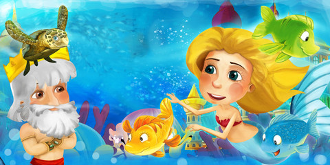 Fototapeta premium Cartoon ocean and the mermaid in underwater kingdom swimming with fishes and having fun - illustration for children