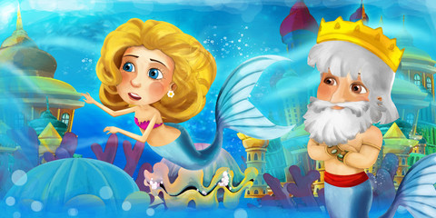Naklejka premium Cartoon ocean and the mermaid princess in underwater kingdom swimming and having fun - illustration for children