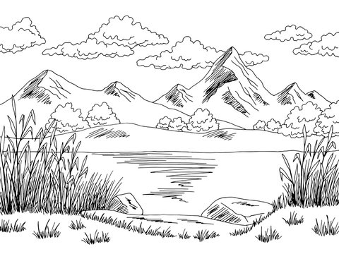 Mountain Lake Graphic Black White Landscape Sketch Illustration Vector