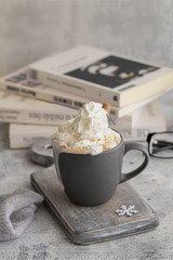 Cup of hot chocolate cacao for cold days. Winter hygge concept.