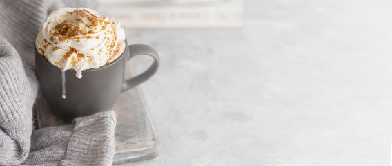 Cup of hot chocolate cacao for cold days. Winter hygge concept.