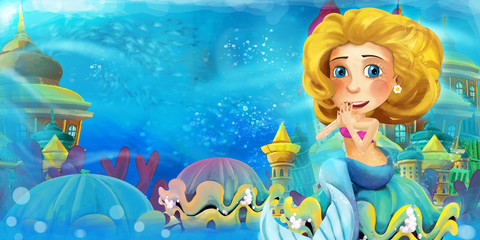 Fototapeta na wymiar Cartoon ocean and the mermaid in underwater kingdom swimming and having fun - illustration for children