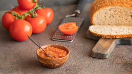 Pa amb tomaquet or tomaca (bread with tomato) classic snack in Catalan and Spanish cuisine, eaten for breakfast.
