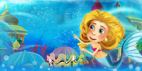 Cartoon ocean and the mermaid in underwater kingdom swimming and having fun - illustration for children