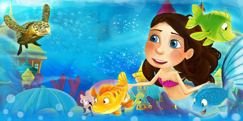 Obraz na płótnie Canvas Cartoon ocean and the mermaid in underwater kingdom swimming with fishes and having fun - illustration for children