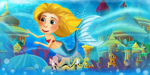 Cartoon ocean and the mermaid princess in underwater kingdom swimming and having fun - illustration for children
