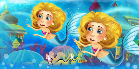 Obraz na płótnie Canvas Cartoon ocean and the mermaid princess in underwater kingdom swimming and having fun - illustration for children