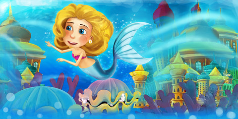 Plakat Cartoon ocean and the mermaid in underwater kingdom swimming and having fun - illustration for children