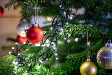 Christmas ornament and lights on a Christmas tree