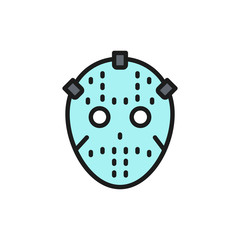Hockey goalkeeper mask, protection uniform flat color line icon.