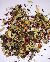 Dried herbs on a white background. Tea leaves. healing herbs. Dried flowers.