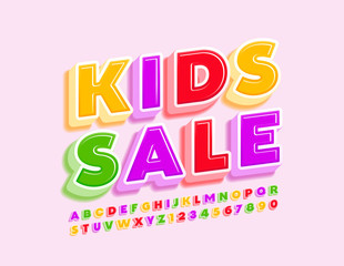 Vector colorful Emblem Kids Sale. Children 3D Font. Bright Alphabet Letters and Numbers.