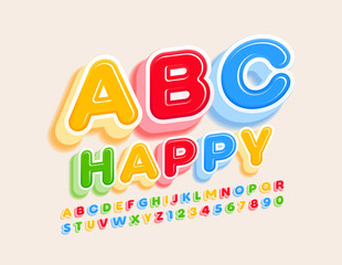 Vector colorful Happy Font. Cute Alphabet Letters and Numbers for Children.