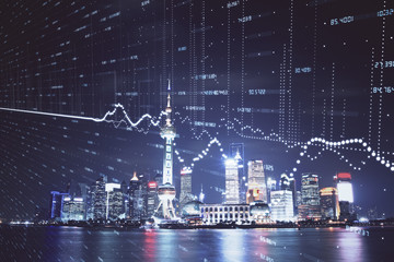 Financial graph on night city scape with tall buildings background multi exposure. Analysis concept.