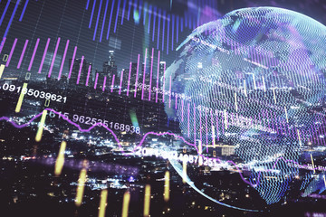 Financial graph on night city scape with tall buildings background multi exposure. Analysis concept.