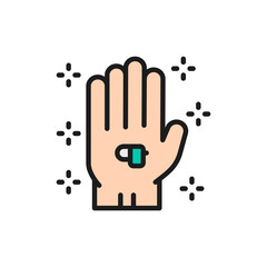 Hearing aid, wireless headphones in hand flat color line icon.