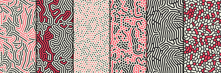 Set of organic seamless patterns with rounded lines, drips. Diffusion reaction background. Linear design with biological shapes. Structure of natural cells, maze, coral. Abstract vector illustration.