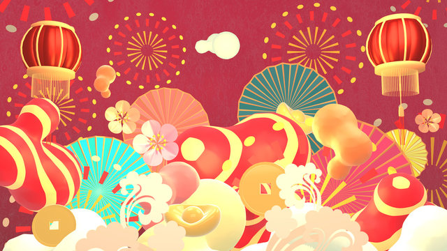 Chinese New Year ornaments and paper art style fireworks greeting card. 3d rendering picture.