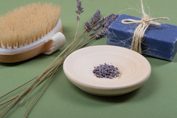 Natural, healthy and zero waste bathroom or spa objects with lavender.