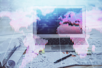 Multi exposure of business theme icons and work space with computer background. Concept of success.