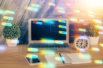 Double exposure of computer and technology theme hologram. Concept of freelance work.