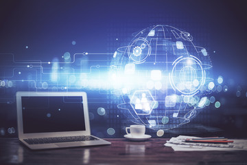 Naklejka premium Computer on desktop with social network theme icon. Multi exposure. Concept of international connections.