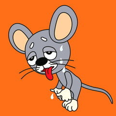 emoticon with a cool deadly mouse that stands half-bent and sticks out its tongue, sweat flows from her forehead, color vector emoji on a orange isolated background