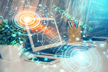 Multi exposure of computer on background and technology theme drawing. Concept of innovation.