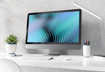 Fototapeta premium Modern black and silver computer on white desktop and concrete interior mockup 3D rendering
