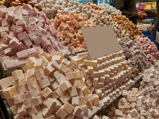 Traditional turkish delights at the market counter
