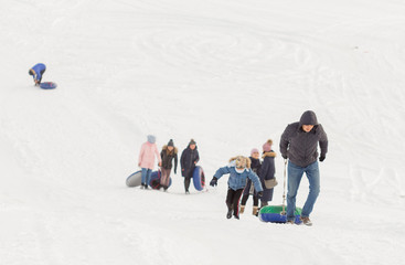 winter, leisure, sport, friendship and people concept - group of happy people sliding on the snow...