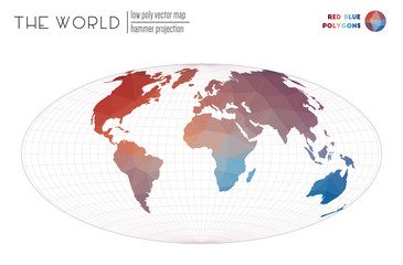 Low poly design of the world. Hammer projection of the world. Red Blue colored polygons. Neat vector illustration.