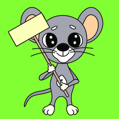 cool mouse stands and holds in his hands a tablet on a stick, vector color clip art on green isolated background