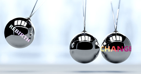 Rebirth and New Year's change - pictured as word Rebirth and a Newton cradle, to symbolize that Rebirth can change life for better, 3d illustration