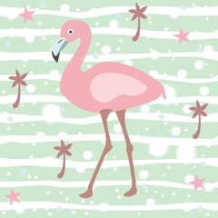 Creative Summer Pattern with exotic bird flamingo on stripped background with palms and star