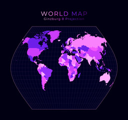 World Map. Ginzburg VIII projection. Digital world illustration. Bright pink neon colors on dark background. Radiant vector illustration.