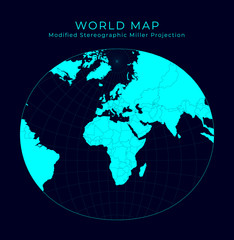 Map of the World. Modified stereographic projection for Europe and Africa. Futuristic infographic world illustration. Bright cyan colors on dark background. Attractive vector illustration.