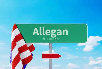 Allegan – Michigan. Road or Town Sign. Flag of the united states. Blue Sky. Red arrow shows the direction in the city. 3d rendering