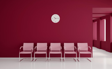 Waiting room space on red corridor with large windows 3D render