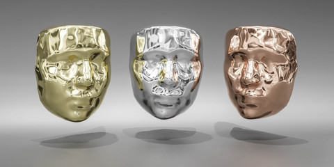 abstract triangular faces polygon mesh surface in silver, bronze, gold metal colour for different medals 3d illustration render