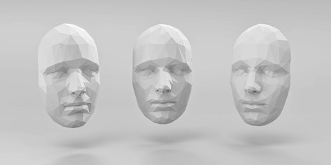 creative male or female face concept polygon surface mesh in 3 different angles 3d illustration render