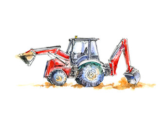  Red tractor.Farming machine.White background.Watercolor hand drawn illustration. - 312488369
