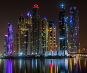 Panoramic picture of Dubai Marina skyline at night in November