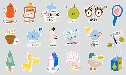 Cute scandinavian seamless pattern including funny decorative hand drawn elements. Cartoon doodle style illustration for birthday decor, stickers, T-shirt, nursery, kids design. Vector.