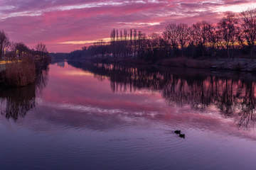 Kleurrijke zonsopkomst aan de brug over de Leie in Wevelgem - Lauwe